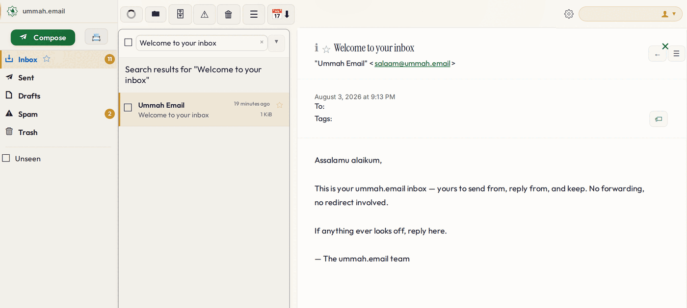 The actual ummah.email webmail inbox — a real message titled "Welcome to your inbox" from Ummah Email, open in the Maktub theme, with the Inbox, Sent, Drafts, Spam, and Trash folders visible in the sidebar.